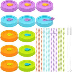 REGULAR Mouth Mason Jar Lids for Ball, Kerr, etc with Straw Hole/Straws/Silicone Stoppers/Rings/Clean Brush, BPA Free Colored Plastic Canning Jar Drinking Lids & Food Storage Caps 26 Pack (Sunrise)