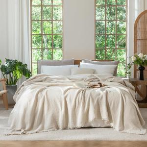 MooMee Muslin Blanket - 100% Cotton 4-Layer Gauze Throw Blanket with All-Around Fringe, Soft Breathable Lightweight Cooling Summer Blankets for Bed Couch (Beige,Super King 108" x 98")