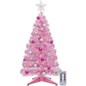 TURNMEON Remote Control 8 Modes 3 Ft Christmas Tree Warm Lights 15 DIY Ball Ornaments Star Battery Operated Artificial Pink Full Tree Timer Holiday Xmas Decoration Home Indoor Table Valentine's Day