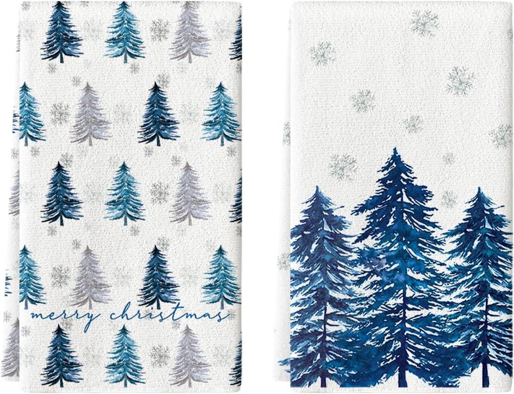 Artoid Mode Blue Xmas Tree Christmas Kitchen Towels Dish Towels, 18x26 Inch Farmhouse Holiday Snowflake Winter Decoration Cleaning Set of 2