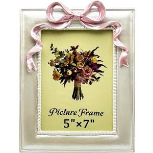 Vintage Picture Frame 5x7 Inch, Ornate Cute Photo Frames with Glass Front, Pink Bow Design, Tabletop & Wall Hanging, Girls Room, Gift Ideas, Pearly White