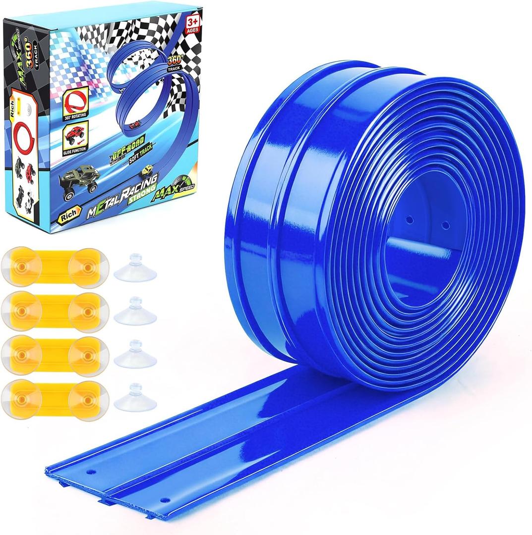 16 Ft Flexible Car Race Track, Flex Ramp with 12 Suction Cups, Compatible with Hot Wheels and Diecast 1/64th Cars, Double Tracks Long Rolls Up Portable Racetrack (Blue)