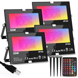 RGB Outdoor LED Flood Light 50W Color Changing Floodlights Spotlights Landscape Lighting Fixture Waterproof Landscaping Spot Light for Yard Garden Driveway Pathway Garden IP66 Waterproof (4 Pack) (Remote 4 Pack with Ground Stakes)