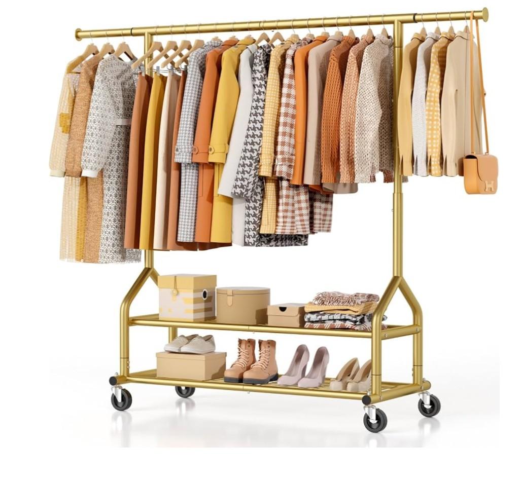Heavy Duty Clothes Rack Load 556 LBS, Rolling Clothing Rack With Shelves, Height Adjustable Metal Clothes Hanger with Wheels Portable Wardrobe Organizer Garment Rod for Hanging Clothes (Gold)
