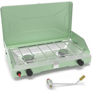 Portable Camping Stove, Propane Gas Camping Cooktop, 2 Burner, 20000 BTUs, Windscreen, Instant Ignition with Adjustable Burners Pressure Regulator for Camping Cooker BBQ Tailgating RV (Light Green)