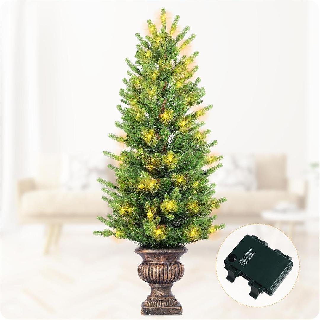 Gfilay 4FT Prelit Potted Artificial Christmas Tree with Lights  Battery Operated Front Porch Christmas Tree with 8 Lighting Modes, Green Pine Branches for Outdoor or Indoor Holiday Decoration