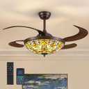 48" Tiffany Ceiling Fans with Lights Tiffany Vintage Fandelier Vintage Chandelier Fan Stained Glass Ceiling Fan Retractable Blades for Living Room Dining Room