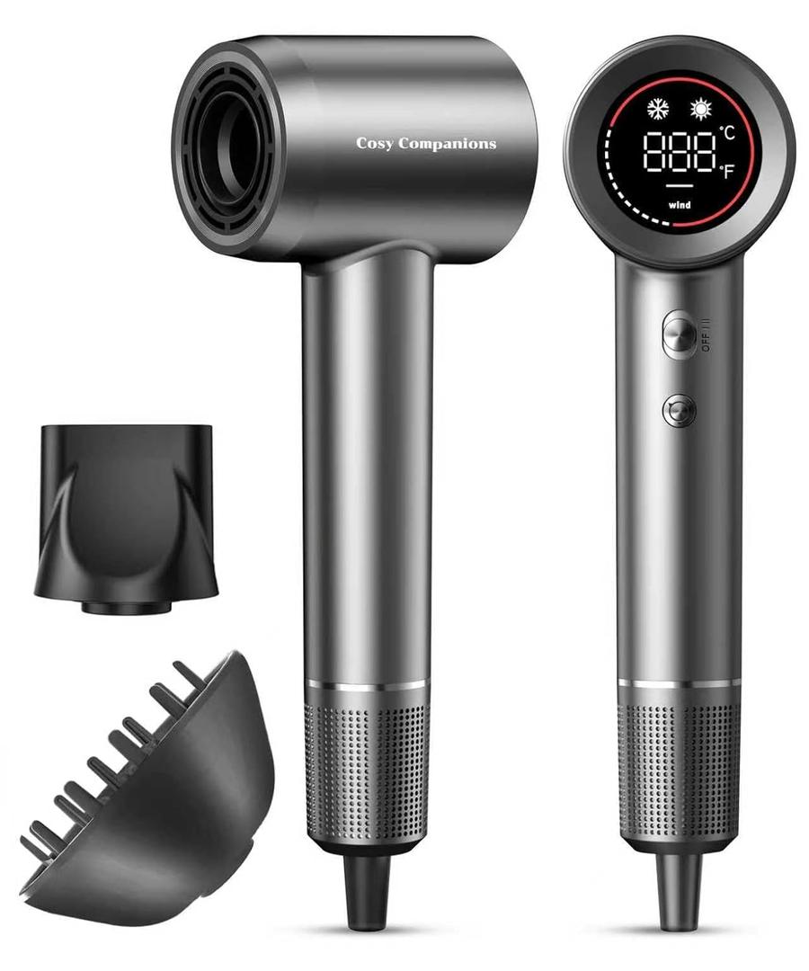 Cosy Companions Hair Dryer - Negative Ionic Blow Dryer with 150000 RPM High Speed Brushless Motor for Fast Drying, Low Noise, HD Display Hair Dryer with Diffuser and Nozzle, 5 Temps & 2 Speeds (Dark Gray)