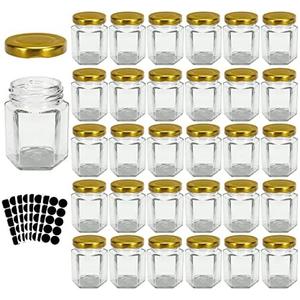 3 oz Hexagon Glass Jars with Gold Lids, 30 Pack Honey Jars Canning Jars Small Spice Jars for Jelly, Herb, Jams, Candy, Wedding Favors, Includes Labels and Pen