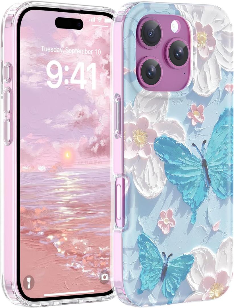 Magnetic for iPhone 16 Pro Case Cute for Women, [Compatible with Magsafe][Drop Protection] Slim Colorful Flowers Oil Painting Printed Girly Floral Phone Case for iPhone 16 Pro