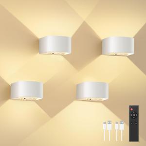 FULEN 4 Pack Motion Sensor Wall Lamp with Remote Control 3 Colors Wireless Wall Light LED Indoor Up and Down Wall Sconce 5000mAh Rechargeable Battery Powered Wall Lamps Brightness Adjustable,White