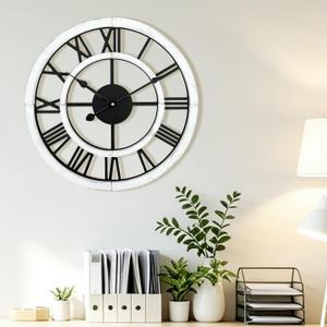 16 Inch Rustic Wall Clock Silent Non-Ticking Wooden Wall Clocks with Roman Numerals Farmhouse Decorative Clock for Living Room Bedroom Office (White)