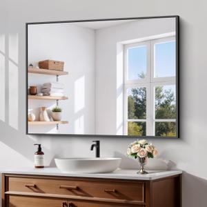 Koonmi Black Framed Bathroom Mirror - Shatterproof 30"x40" Tempered Glass, HD No Distortion, Horizontal/Vertical Mount, Modern Matte Aluminum Alloy Frame