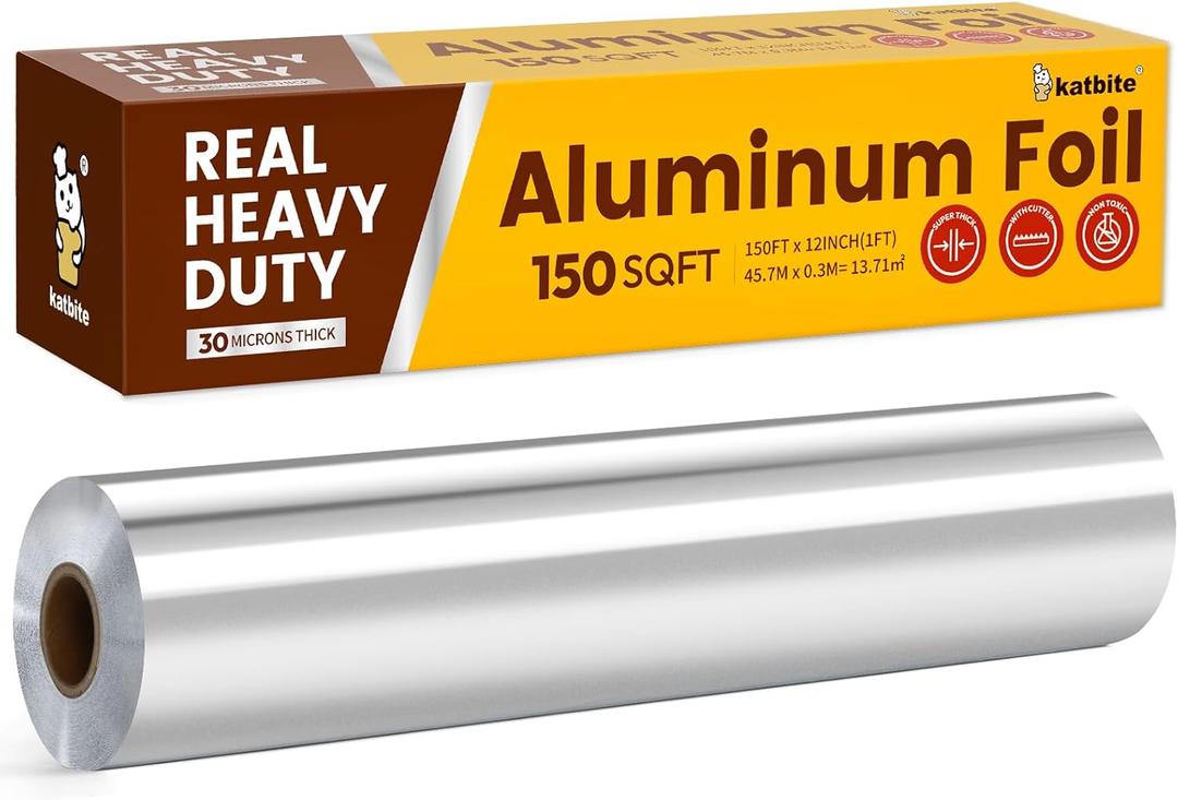 Katbite Aluminum Foil Roll, Heavy Duty 12inx150ft, 30 Micron Thick Strong Foils Aluminum Roll with Cutter for Home Cooking, Catering, Grilling,150Sqft