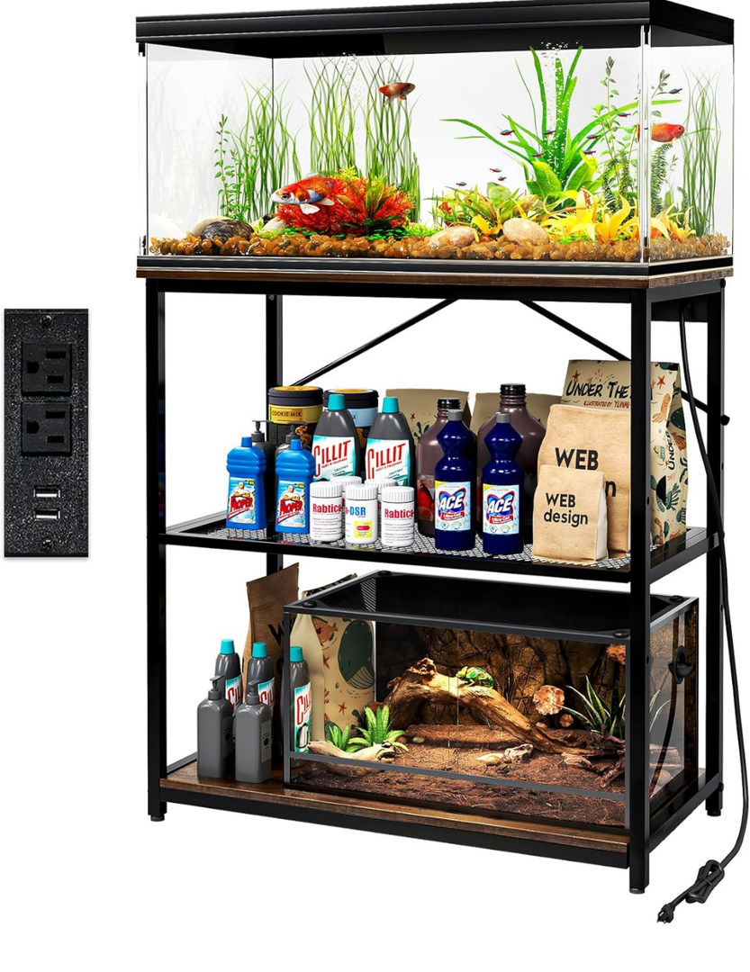 LALA IKAI Fish Tank Stand for 1020 Gallon Aquariums Heavy Duty Adjustable Height Double Tier Steel Structure Sturdy Design Reptile Cage or Tank Storage Cabinet, Black