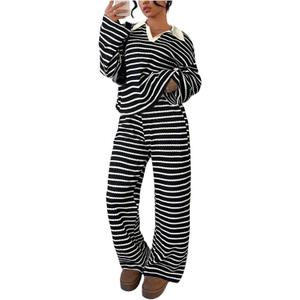 MakeMeChic Womens 2 Piece Set Striped Lounge Set Going Out Travel Outfit (Small, Black)