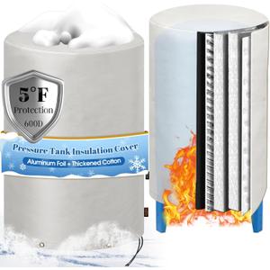 Insulated Well Pressure Tank Cover Aluminum Foil (5) - 28"W x 44"H Industrial 600D Outdoor Well Water Tank Insulation Blanket, Anti-UV Winter-Freeze Water Well Pump Cover, Gray