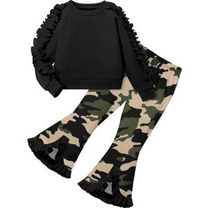 Toddler Girl Clothes Camo Girls Outfits Ruffle Sleeve Tops + Bell Bottom Flared Pants 2 Piece Winter Sweatsuit 2-10T (6-7 Years)