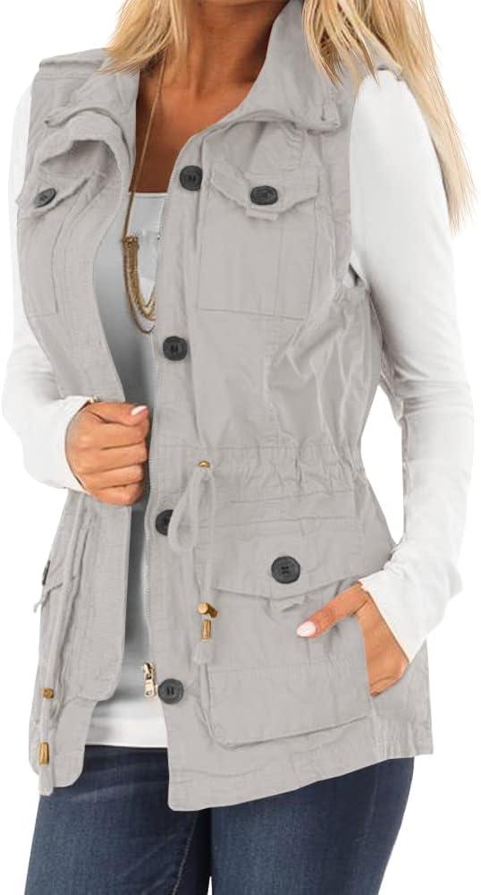 Koodred Women's Casual Military Utility Vest Lightweight Sleeveless Drawstring Jackets with Pockets (Beige), L
