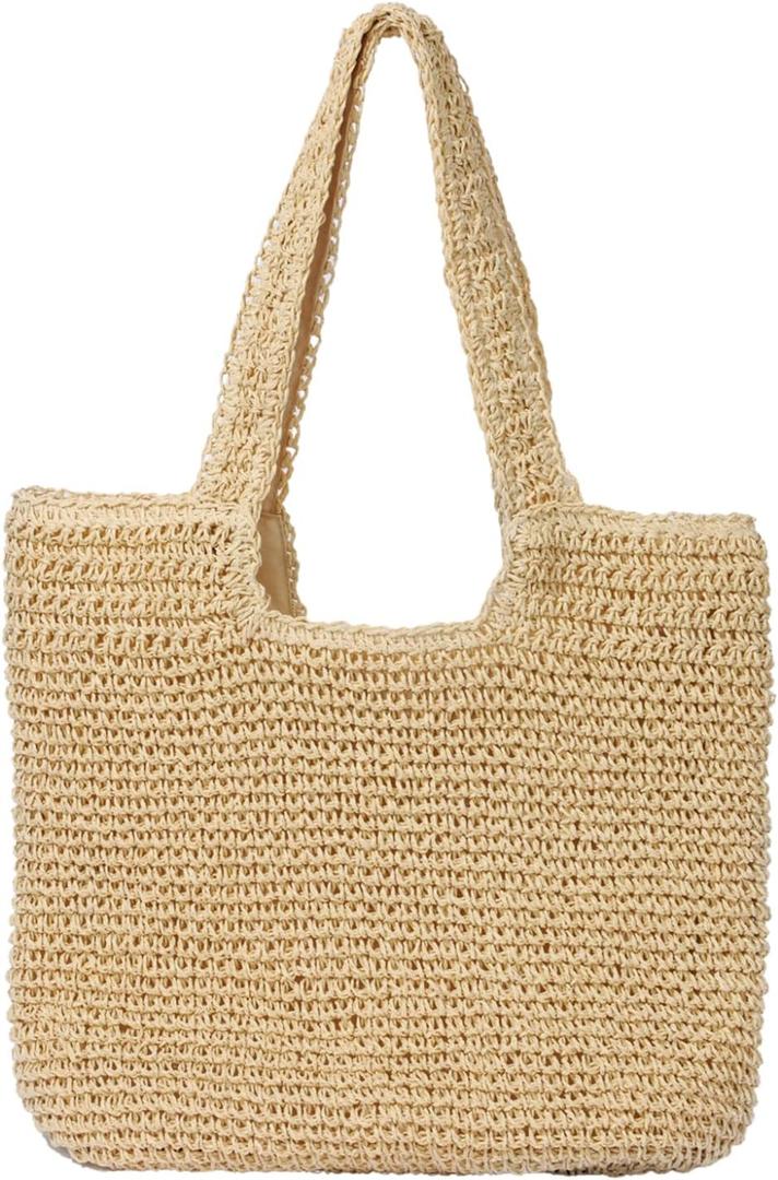 Beach Bags for Women - Summer Soft Large Woven Shoulder Purse Handbag, Beach Tote Straw Bag for Summer Vacation (Beige)