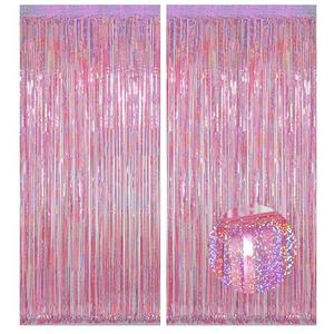 Melsan Pink Tinsel Curtains Backdrop, 3.2 ft x 8.2 ft Sparkle Metallic Foil Curtains for Mothers Princess Birthday Party Photo Background Decoration, 2 Pack
