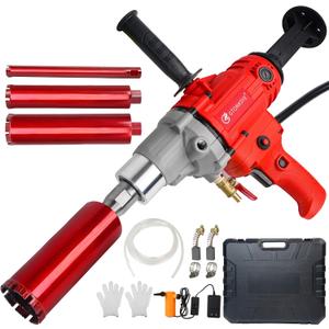 Diamond Core Drill Machine, Handheld Dry and Wet Core Drill Rig, 1-1/4"Threaded Shaft, Equipped with Wet Drill Bits 1.25", 2.5", 3.25",4"and Water Pump Set, for Concrete Bricks and Stones