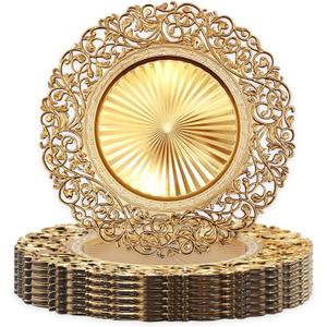 13 Inch Gold Plastic Charger Plates Set 12 Pack, Elegant Round Disc Chargers for Table Setting, Decorative Placemats for Regular Dinner Plates, Holidays, Events, and Entertaining (Design B)