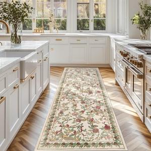 jinchan Floral Washable Runner Rug 2x6 Vintage Spring Summer Hallway Rug Non-Slip Lightweight Soft Thin Kitchen Low Pile Distressed Red Green Carpet for Bathroom Laundry Room Bedroom Entryway