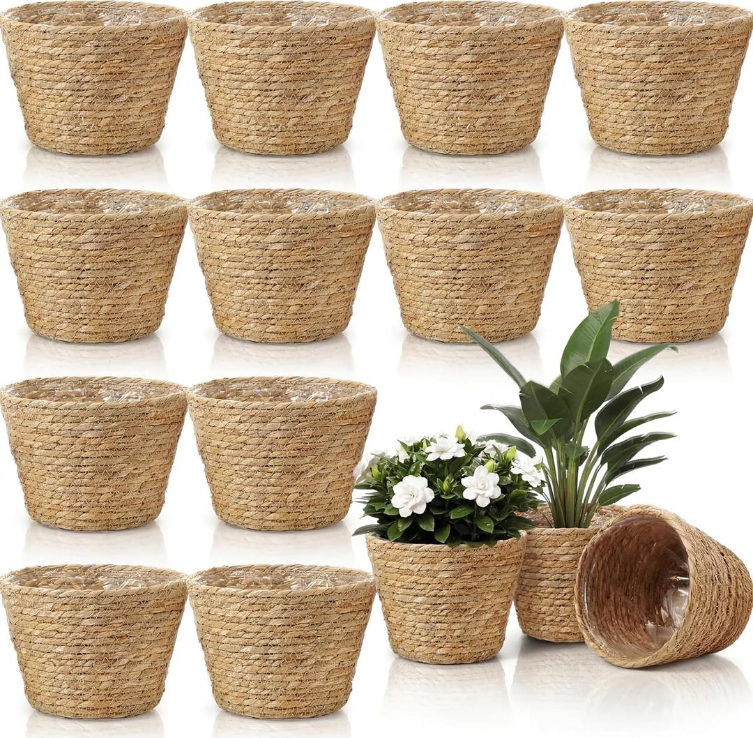 AceOrbit 12 Pcs Wicker Plant Basket with Plastic Liners Woven Stylish Planter Baskets Bulk Indoor Outdoor Seagrass Plants Woven Wicker Baskets for Flower Pots Cover and Room Decor (Medium,Rustic)