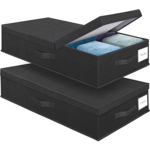 Supowin Underbed Storage Containers Bin with Lids (Set of 2) Large Under Bed Storage Organizer Box with Handle, Foldable Under the Storage Bags for Organizing Clothes, Shoes, Blankets, Pillows-Black