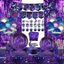 Galaxy Theme Party Decorations, Space Galaxy Happy Birthday Banner, Balloons, Tablecloth, Cupcake Toppers, Foil Curtains, Plates, Cups, Napkins, Galaxy Outer Space Birthday Party Supplies, Serves 20