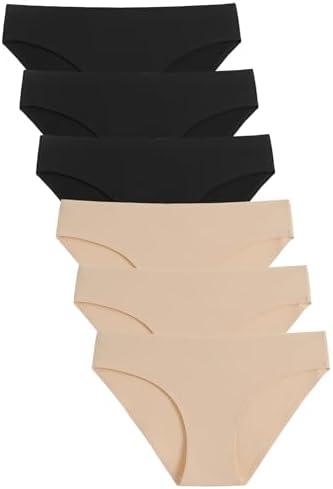 Caterlove Women's Seamless Underwear No Show Stretch Bikini Panties Silky Invisible Hipster 6 Pack L