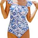 Womens Ruffle One Piece Swimsuits Ruched Tummy Control Bathing Suits Floral Swimwear Blue Floral Large (White, L)