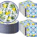100Pcs Capri Lemon Party Supplies Blue Tiles Yellow Lemon Party Set 7"Capri Lemon Citrus Fruit Paper Plates and Capri Lemons Napkins for Baby Shower Lemon Birthday Italian Theme Party Decor Serves 50