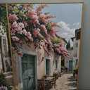 Modern French Flower Street Framed Canvas Wall Art Set, Romantic Green Landscape Wall Decor, Vintage Mediterranean Bookstore Neutral Coast Cityscape Artwork for Living Room, Bedroom-24 x36 x3