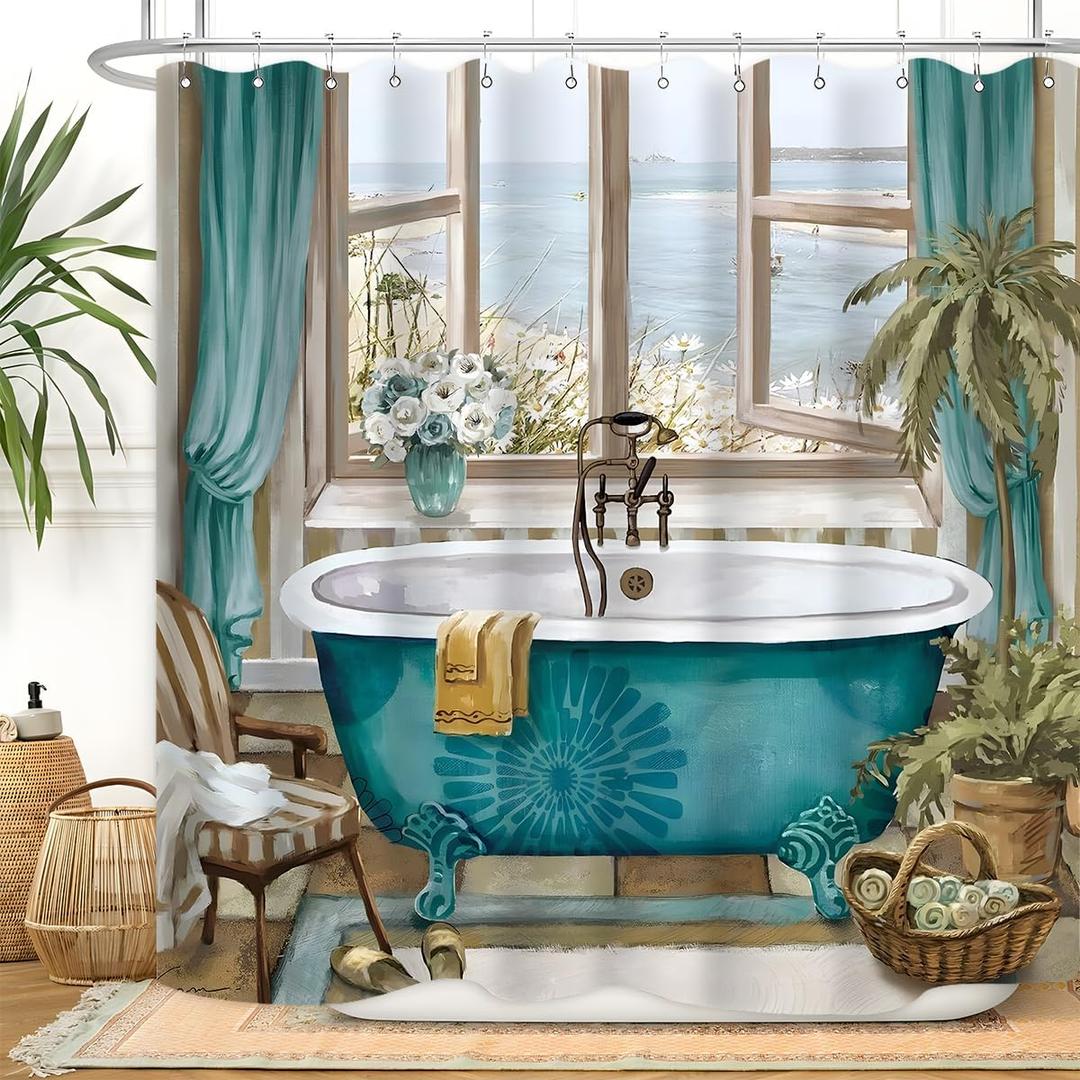 Teal Blue Summer Shower Curtain 72Wx72L Inch Sea Ocean View Landscape Scenes Palm Leaves Natural Vintage Modern Bathtub Window Bathroom Decor Waterproof Fabric 12 Plastic Hooks