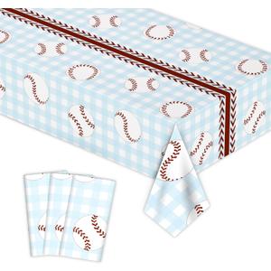 2 x 3pcs Baseball Tablecloths Blue Checkered Gingham Birthday Party Disposable Plastic Table Cloths Rectangle Waterproof for Baseball Sports Party Decorations 54"x108" (Red Baseball, 54" x 108")