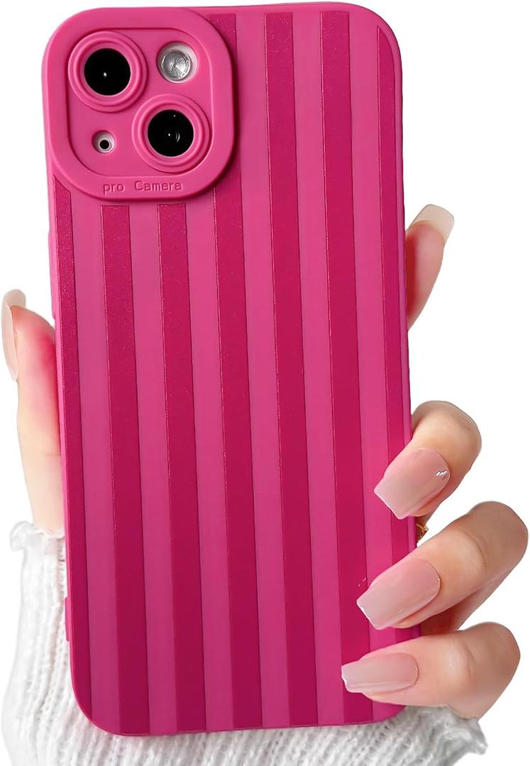 NITITOP Compatible with iPhone 15 Plus Case Cute Stylish Line Stripe Pattern Design for Women Girls Soft TPU Shockproof Full Camera Protective Phone Cover - Rose Red