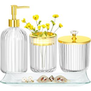 Bathroom Accessories Set, 4Pcs Clear and Gold Glass Bathroom Accessories Sets Complete w/Lotion Soap Dispenser, Toothbrush Holder, Apothecary Jar, Vanity Tray, Bathroom Decor