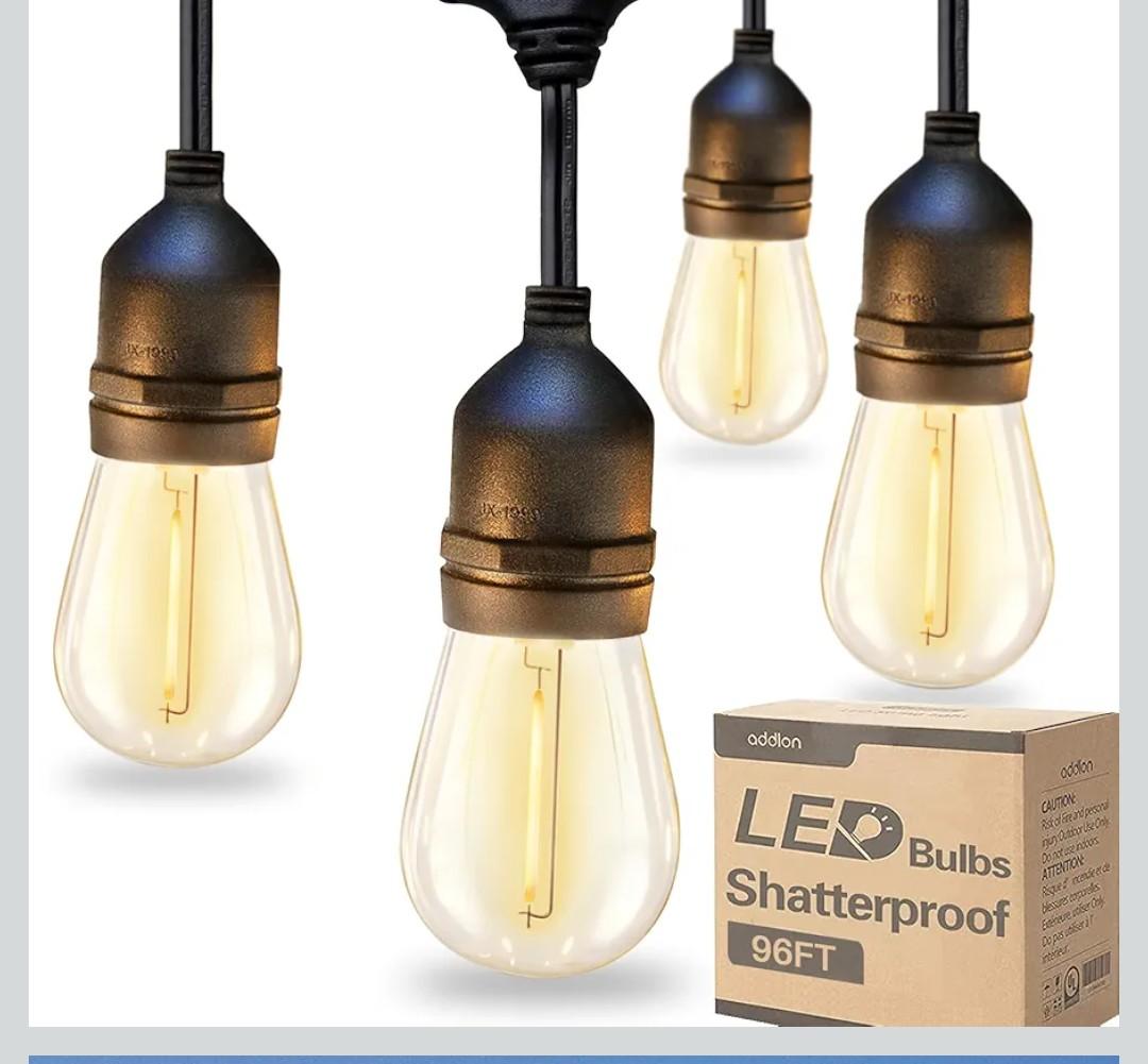 addlon 96FT(48FT*2) LED Outdoor String Lights with Edison Shatterproof Bulbs Commercial Grade Patio Cafe Light, ETL Listed Weatherproof Strand 30 Hanging Sockets for Bistro Backyard