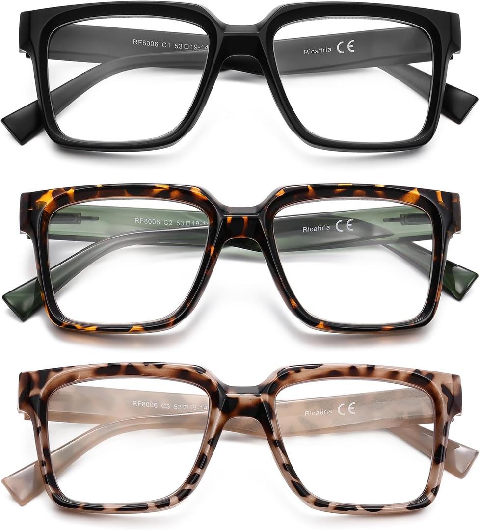 Oversized Reading Glasses Women Oprah Style Blue Light Blocking Computer Readers Designer Ladies Large Frame Square (+1.50, Pack of 3)