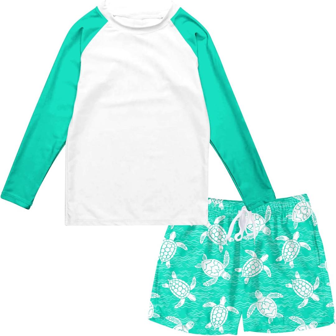 Boys Long Sleeve Rash Guard Swimsuit Kids 2-Pieces Bathing Suits Set (9-10 Years, Green Turtle)