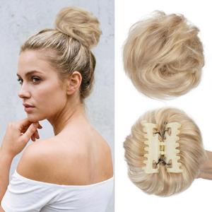 MY-LADY Claw Clip Messy Bun Hair Pieces Human Hair for Women Real Hairpiece Wavy Scrunchies Tousled Updo Donut Chignon Ponytail Extension Golden Brown & Bleach Blonde
