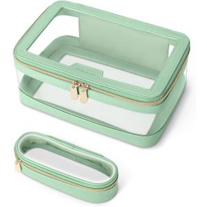 Travel Clear Makeup Bag with Makeup Brush Bag, Leather Makeup Case Toiletry Bag, Portable Cosmetic Bag Case, Transparent Waterproof Cosmetic Organizer Storage Bag for Women, Mint Green