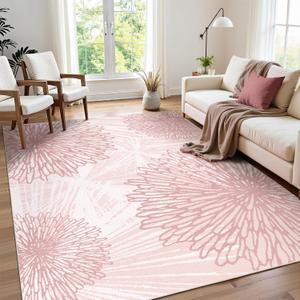 Pink Rugs for Bedroom Girls: 5x7 Modern Large Washable Cute Boho Floral Pattern Area Rug Soft Indoor Floor Non-Slip Low Pile Carpet for Living Room Dining Nursery Kids Playroom Baby Room House Decor