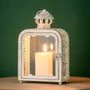 DECORKEY Candle Lantern Decorative Indoor & Outdoor, Vintage Metal Lanterns with Clear Glass, Tabletop&Hanging Candle Holders for Patio Front Porch Home Decor, Halloween Christmas Decorations (White)