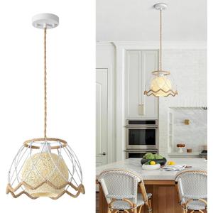 Pendant Lights Kitchen Island, Boho Rattan Hanging Lamp with Handwoven Spherical Shade, Hardwired Chandelier Pendant Light Fixture for Dining Room, Bedroom, Hallway, Entryway (1 Pack)