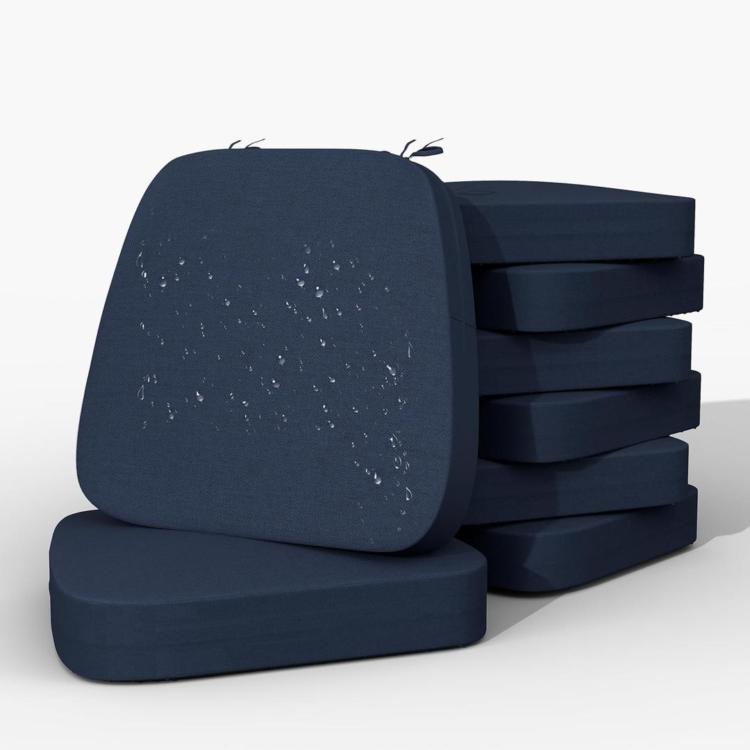 17'' x 16'' x 2.5"Thick Chair Cushions for Dining Chairs, 8 Pack WaterProof Easy Clean Kitchen Chair Pads with Ties and Non-Slip Backing - 30D High Elastic Foam Soft Kitchen Chair Cushions (Dark Blue)