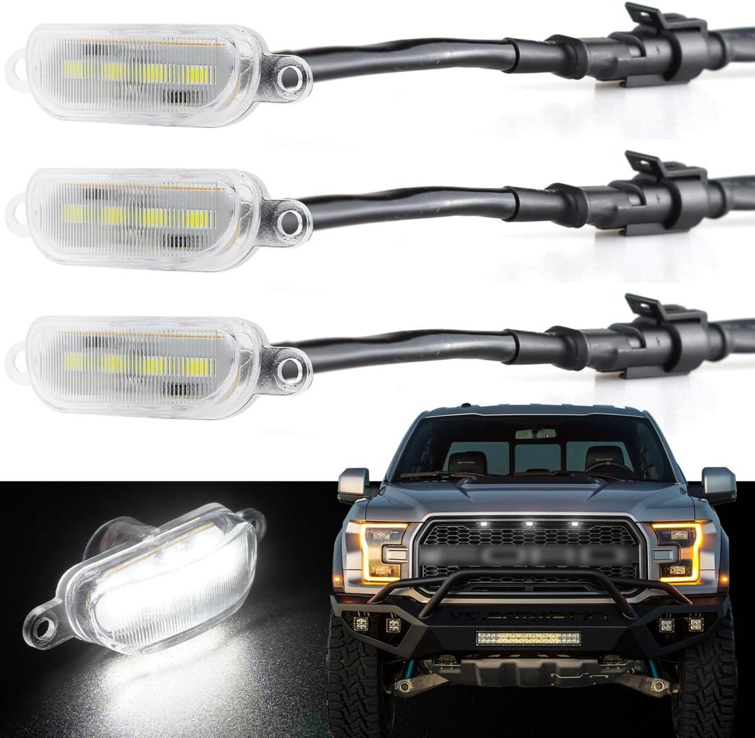 Boigoo Front Grilles Marker Lights 3PCS 4LED Compatible with Dodge Ram 1500 2013-2018 & Ford F-150 Raptor 2004-2019, Decorative Cars Grid Grilles (White - White Lens)