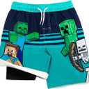Minecraft Creeper Compression Swim Trunks Bathing Suit UPF 50+ Quick Dry Little Kid to Big Kid (7-8, Teal)